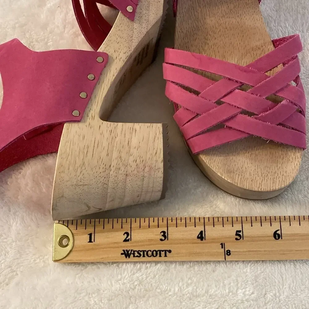 LOFT Pink Woven Leather Wooden Heel Clog Sandals